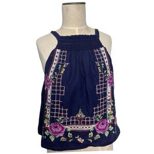 Free People Honey Pie Tank Top Linen Blend Embroidered Floral Navy Size S READ